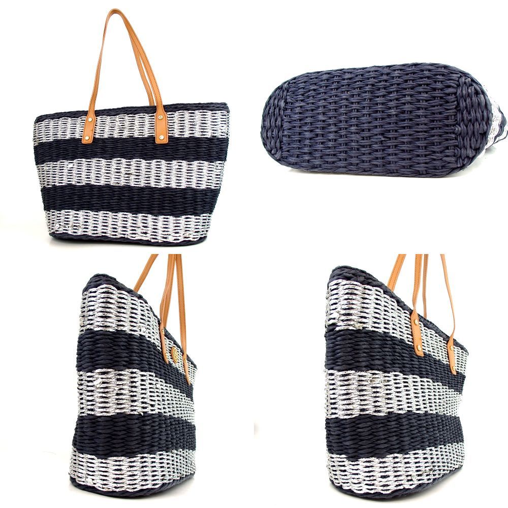 TORY BURCH トリーバーチ かごバッグ ボーダー トートバッグ ストロー×レザー【中古】29◆3-313 TORY トリーバーチ BURCH レディース ✨ ボーダーレザー