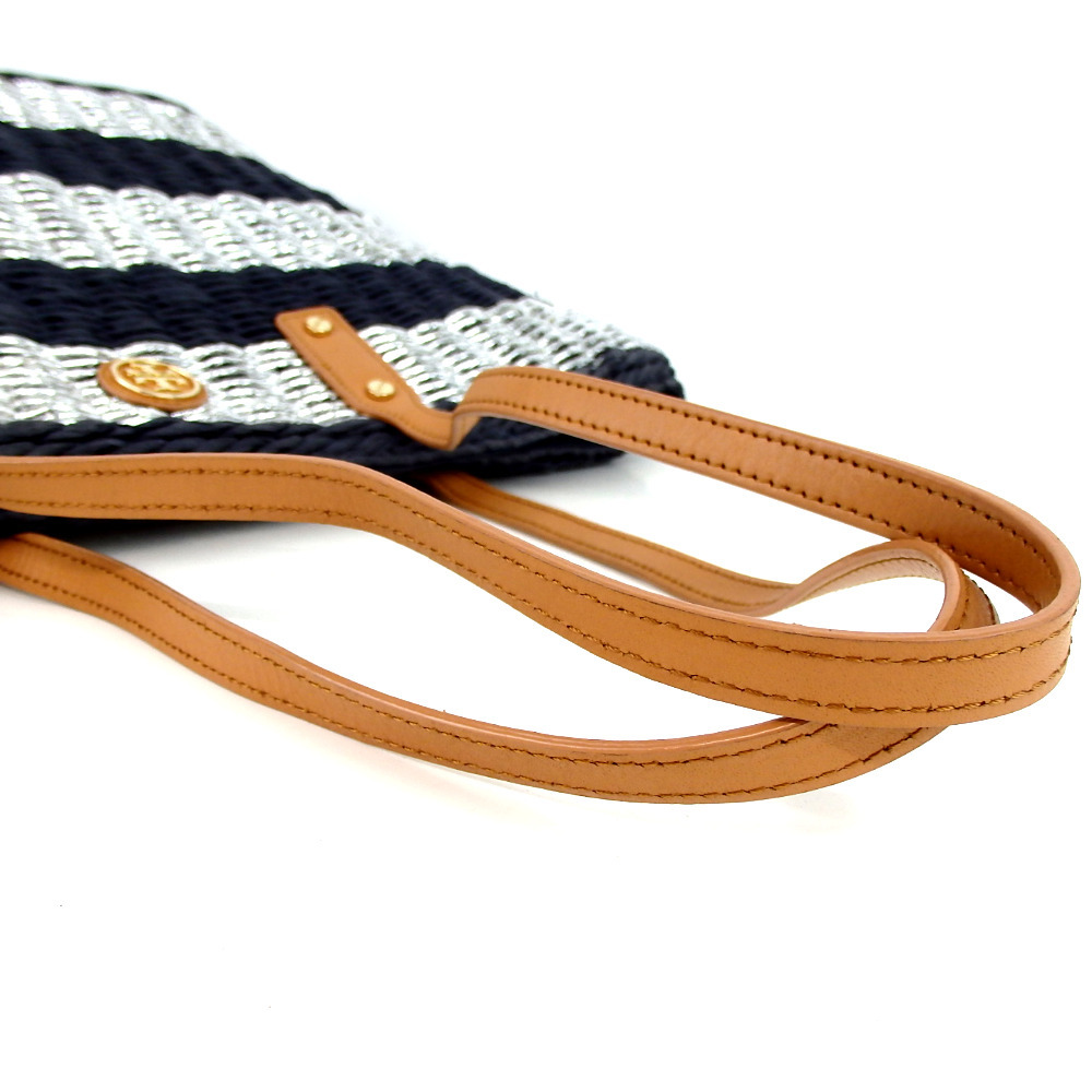 TORY BURCH トリーバーチ かごバッグ ボーダー トートバッグ ストロー×レザー【中古】29◆3-313 TORY トリーバーチ BURCH レディース ✨ ボーダーレザー