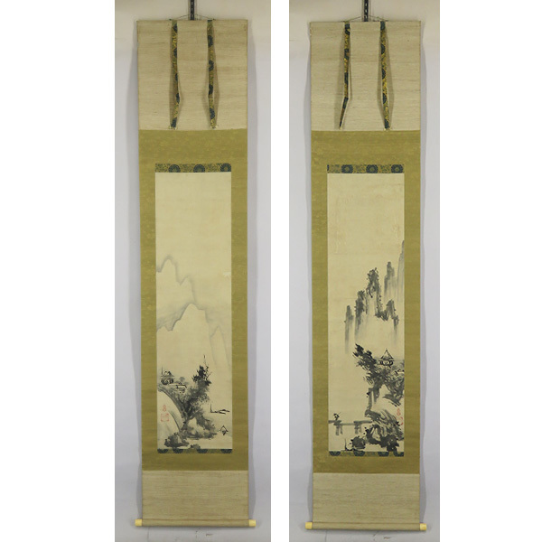 B-2462【真作】雲谷等益 肉筆紙本 水墨山水図 双幅 掛軸／日本