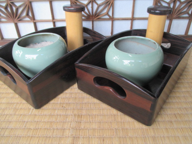 和》 煙草盆一対 黒檀 唐木 火入れ付き 共箱 美品 昭和5年箱書 未使用