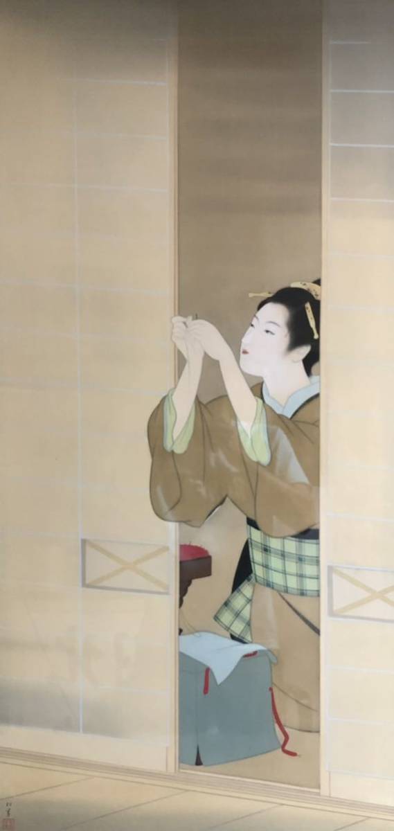 上村松園 筆『夕暮』額装 証明シール 絹本 上村淳之監修 上村松園 上村