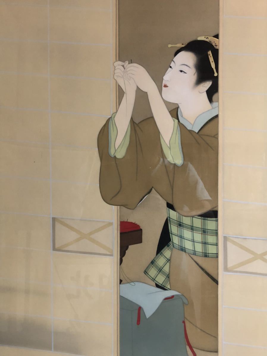 上村松園 筆『夕暮』額装 証明シール 絹本 上村淳之監修 上村松園 上村