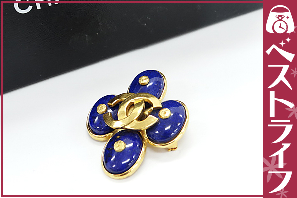 1円 シャネル 97P ココマーク クロスブローチ 青×ゴールド色