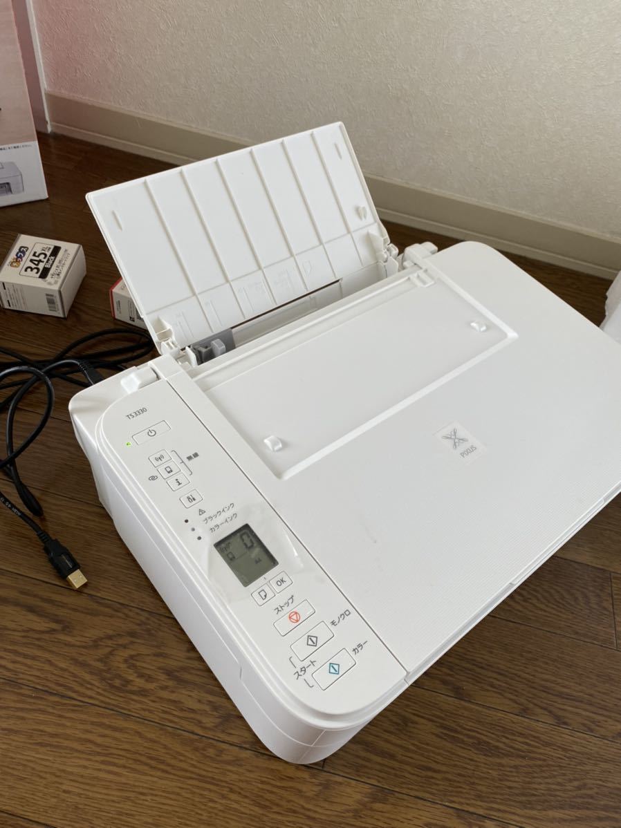 キャノン TS3330 ホワイト 新品ケーブル、ブラックインク付き CANON