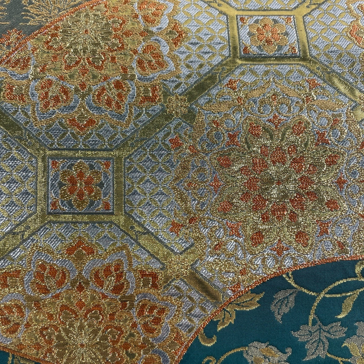 袋帯 美品 秀品 貴彩金 扇面 花唐草 箔 緑 六通 正絹 【