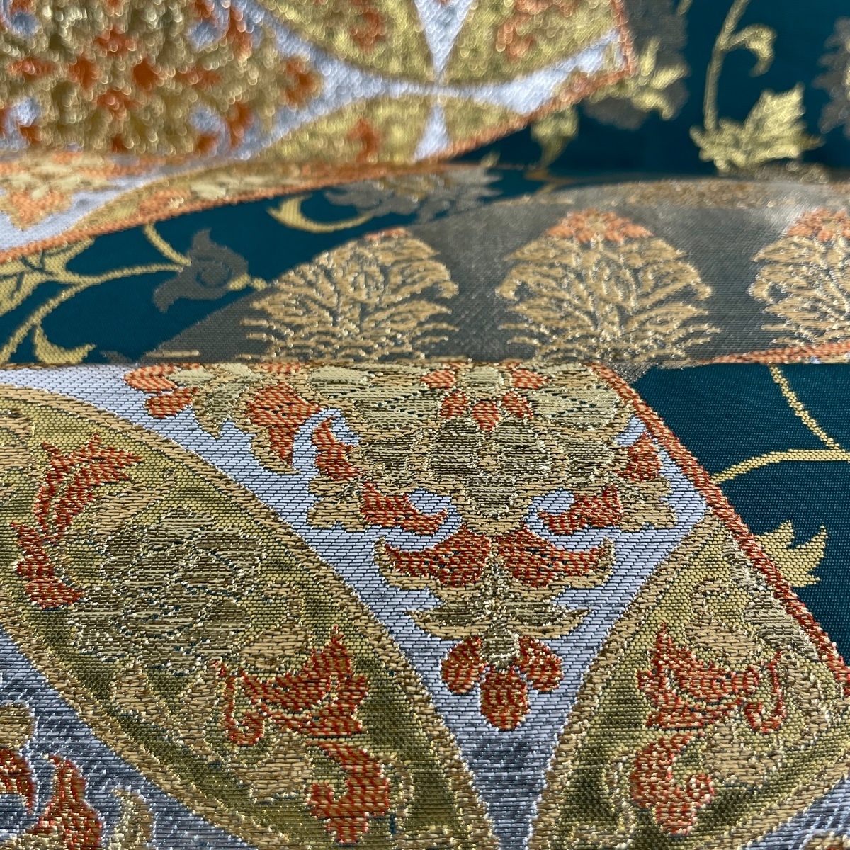 袋帯 美品 秀品 貴彩金 扇面 花唐草 箔 緑 六通 正絹 【