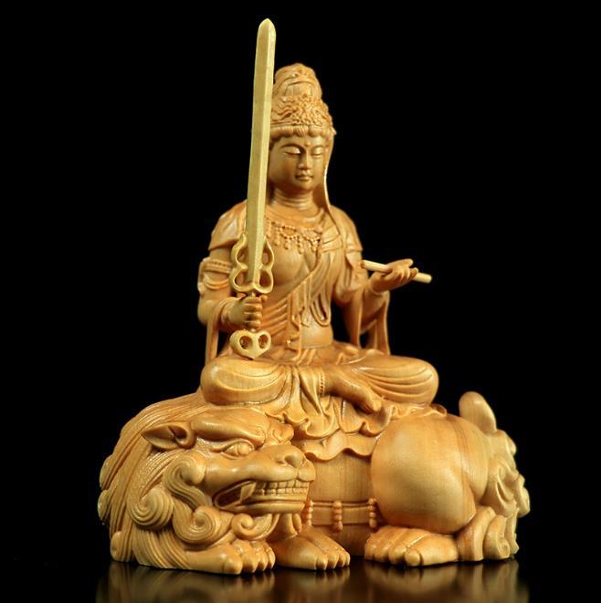 希少☆ 文殊菩薩像 木彫り 仏像☆招財開運☆鎮宅辟邪☆精密
