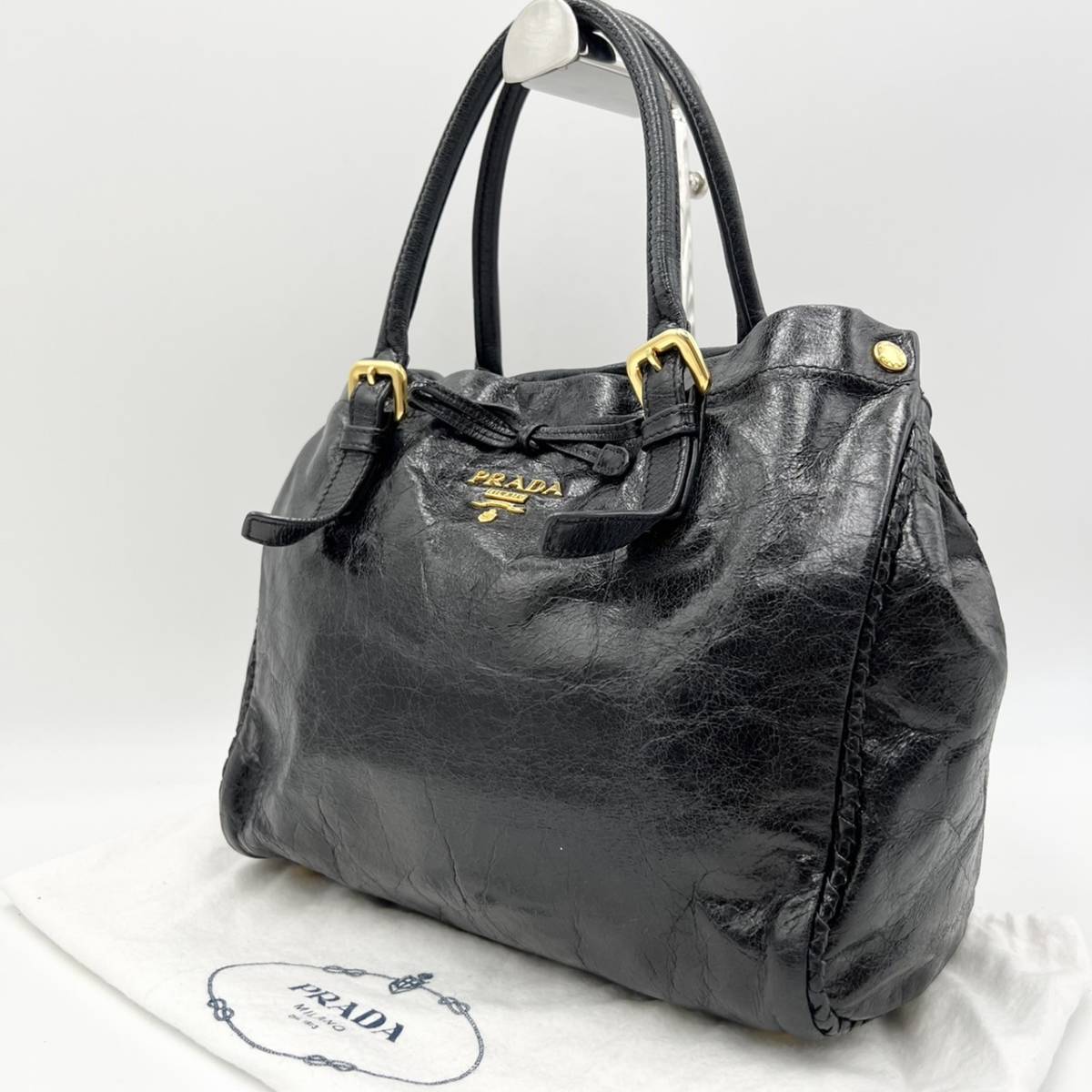 PRADA プラダ ハンドバッグ リボン ロゴ ブラック レザー ゴールド金具 