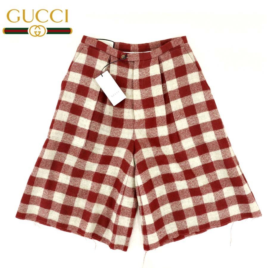 参考価格￥148，500- 新品 イタリア製 GUCCI グッチ 592680 2019AW ツイードウール カットオフ ハーフ ワイドパンツ チェック 赤 レッド 46