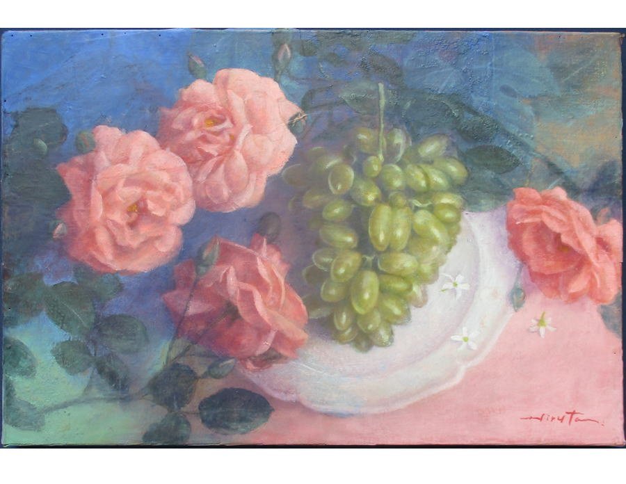 肉筆油彩画 【静物画】 直筆サインあり 作者不詳 絵画美術 昇采作 赤絵