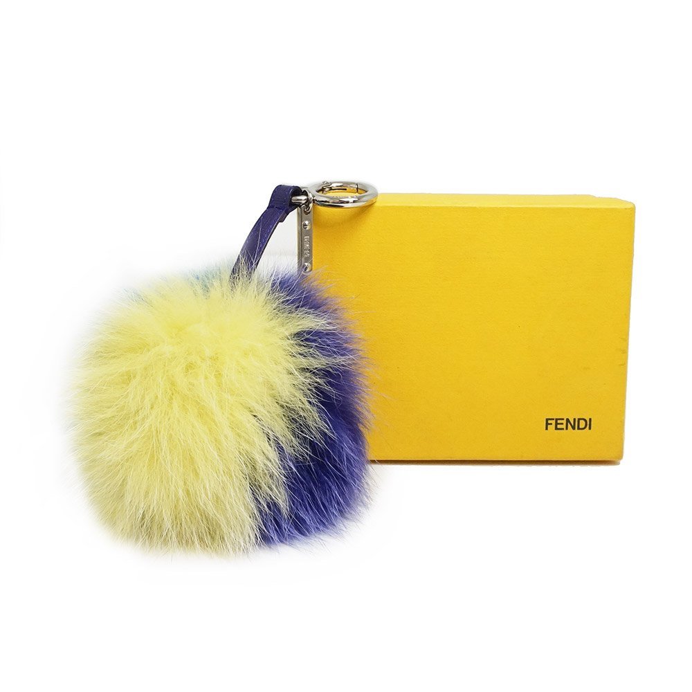 （中古）フェンディ FENDI ポンポン バッグチャーム キーホルダー フォックスファー レザー トリコロール パープル イエロー ブルー 7AR259 フェンディ FENDI ポンポンチャーム ボンボンチャーム (フェンディ バッグチャーム（ブランドフェンディ）（バッグ用