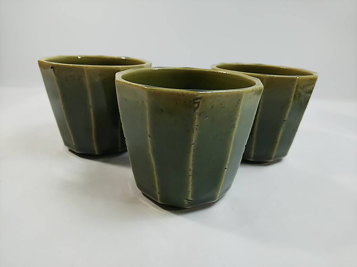 163 陶芸家 解良正敏 作 織部 緑釉面取 蕎麦猪口 小鉢 向付