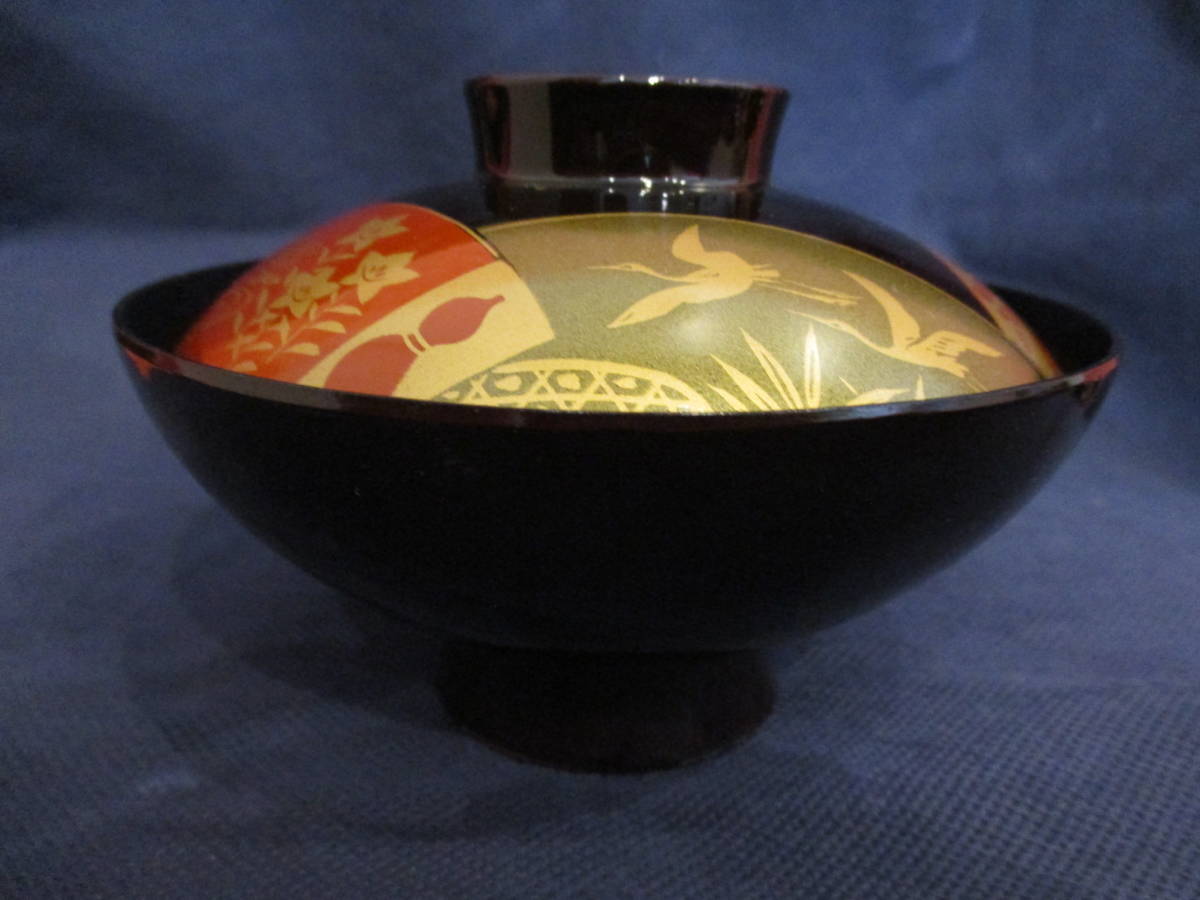 □漆器 【特撰 蓋付 汁椀】 和食器 お椀 金彩 慶事 双鶴 竹 梅 桔梗