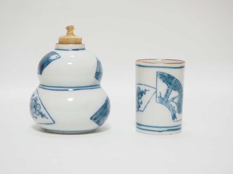 A0960 洞華 作 染付 振出 茶巾筒 セット ☆ 茶道具 茶器 抹茶道具 抹茶