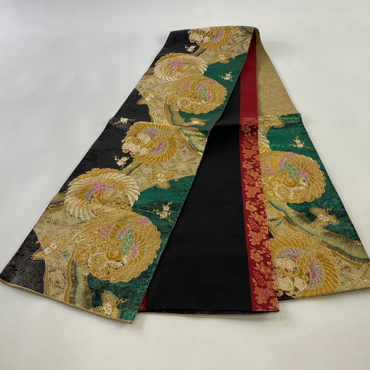 秀品 箔 袋帯 六通 美品 金色 金糸 鶴 草花 正絹 中古 正絹｜