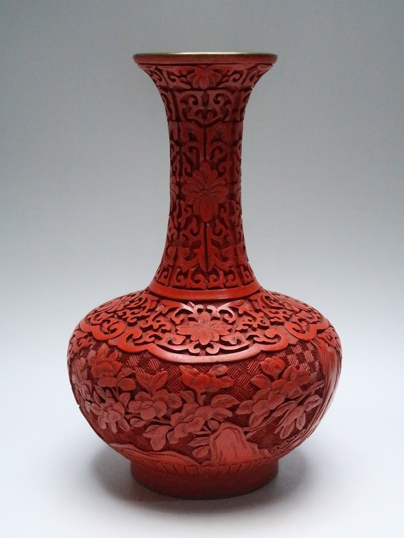 堆朱花文花瓶 中国 黒堆朱 花瓶 雲龍文 骨董品 中国 黒堆朱 花瓶 雲龍