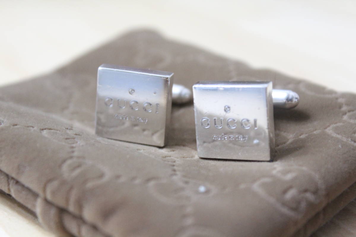 A591 中古 グッチ GUCCI SV925 スクエア ロゴ カフスボタン メンズ シルバー925 075 保存袋付き