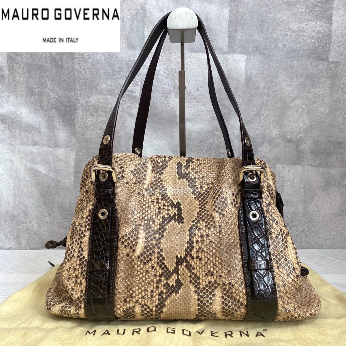 激安大特価，セール MAURO GOVERNA マウロゴヴェルナ パイソン&times;クロコダイル ベージュ&times;ダークブラウン 肩掛け ショルダー ハンドバッグ トート レザー(皮革製)｜売買されたオークション情報、yahooの商品情 その他