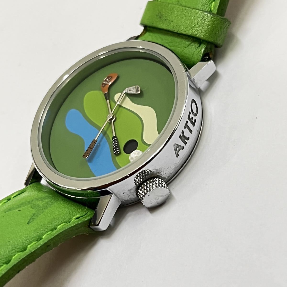 アンティーク ビンテージ Akteo フランス製 ゴルフ 時計 腕時計 緑文字  