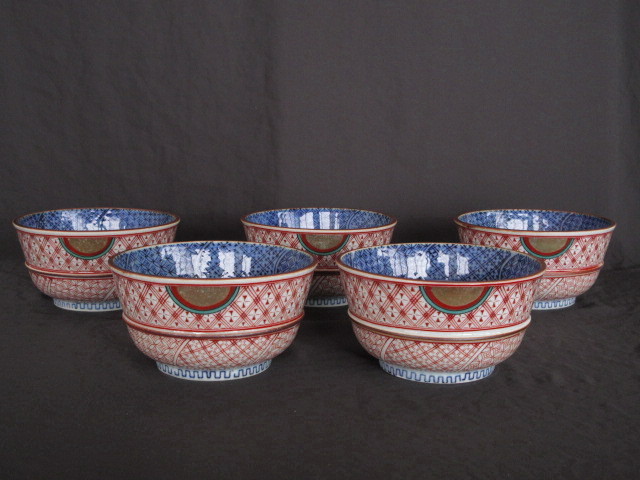 5客セット Antique Shop Soukodo 染付蓋付飯茶碗 藍九谷 赤絵金襴 5客セット Antique Shop Soukodo 染付蓋付飯茶碗 藍九谷 赤絵金襴