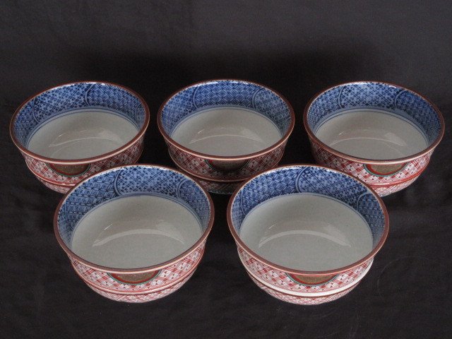 5客セット Antique Shop Soukodo 染付蓋付飯茶碗 藍九谷 赤絵金襴