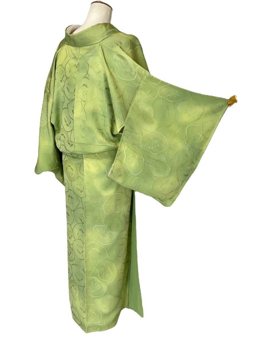 絹袷着物、緑色他3点 着物（正絹・袷・緑色花柄）・帯・長襦袢 3