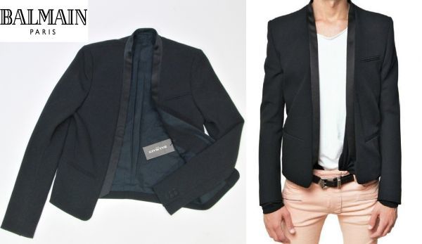 国内正規 未使用 BALMAIN T754 B804 タキシード風 ウール ボタンレス 