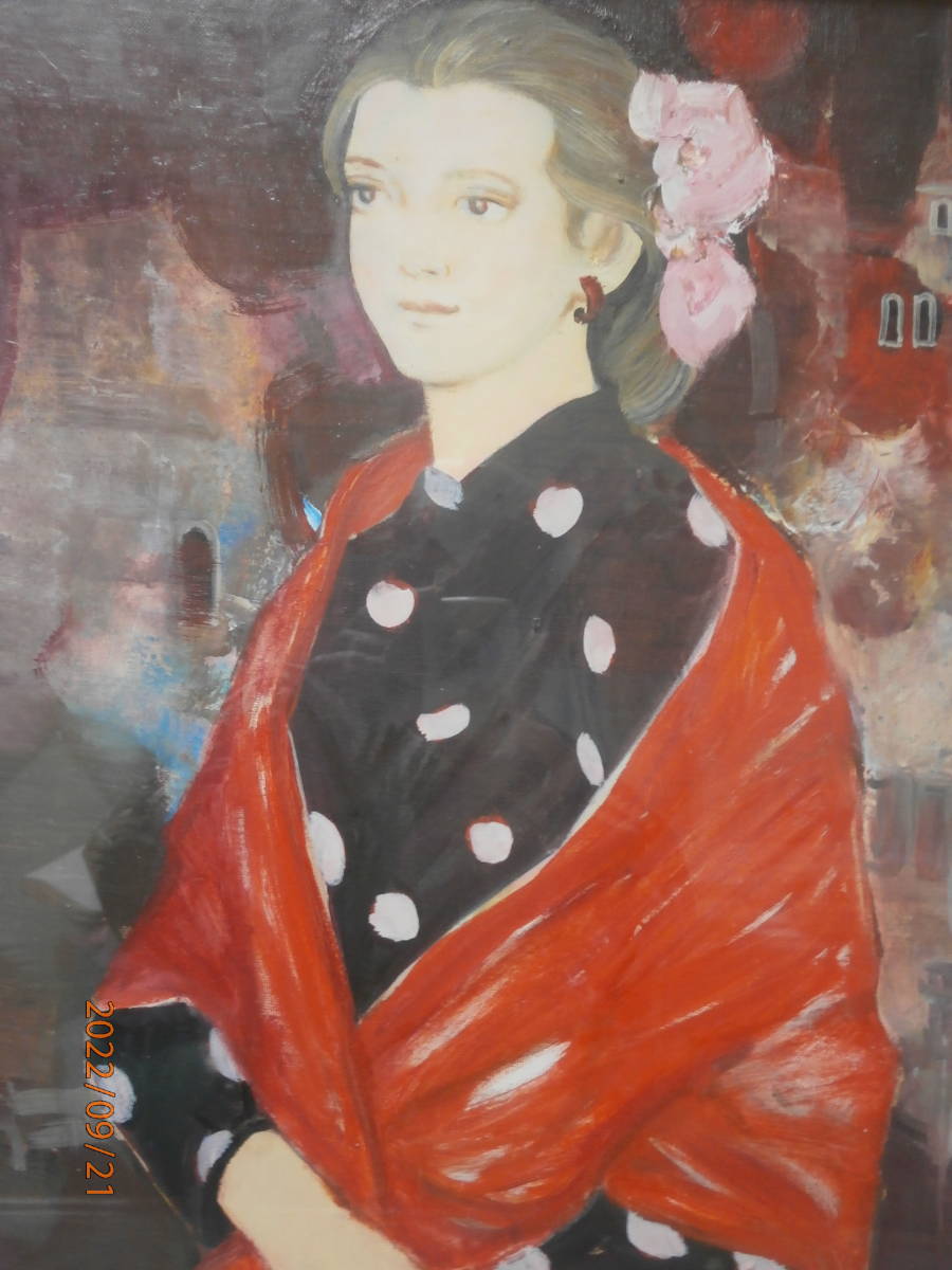 油絵　額付き　中島裕子　【　ポピー　】手描き　肉筆 F6 中島裕子 真作 油彩「赤いハット」画寸16×23cm SM 京都府出身 画家