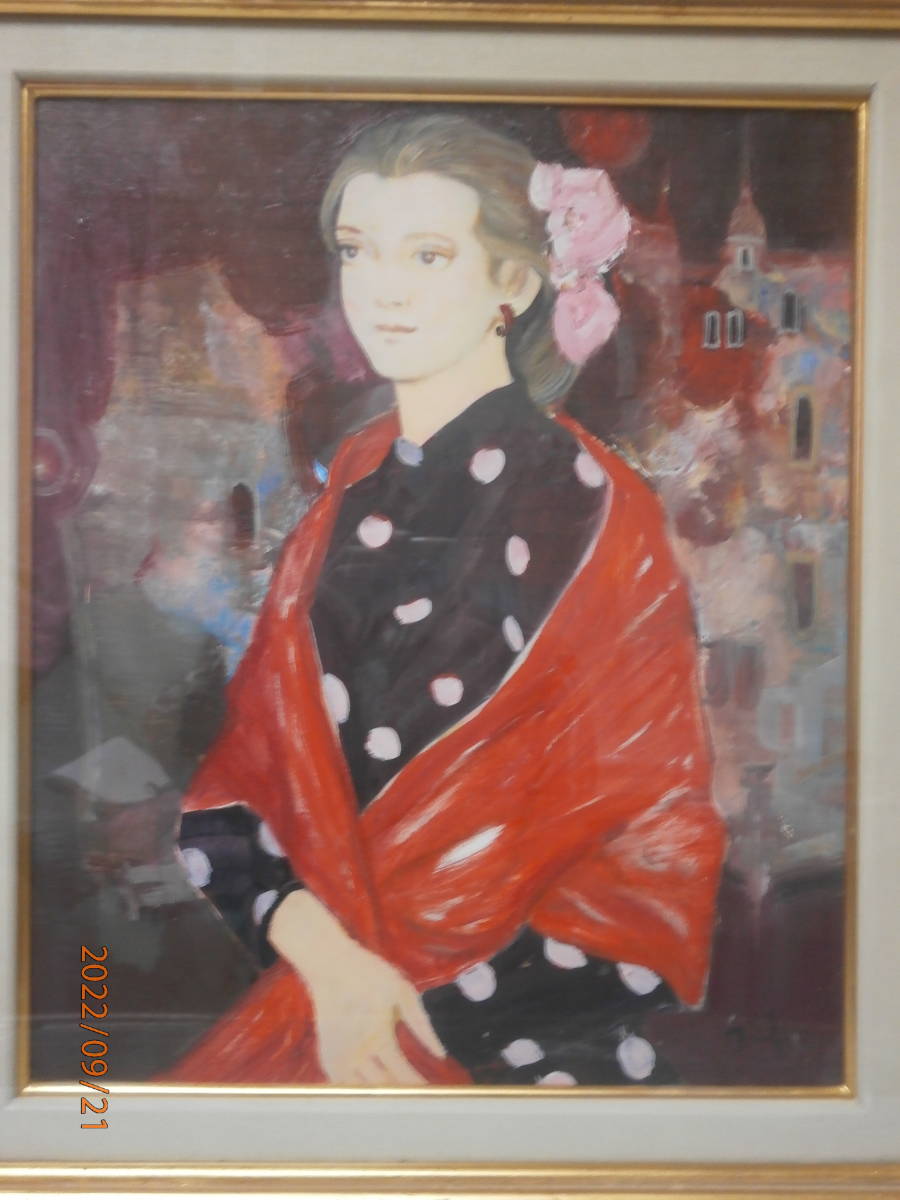 中島裕子 真作 油彩「赤いハット」画寸16×23cm SM 京都府出身 画家