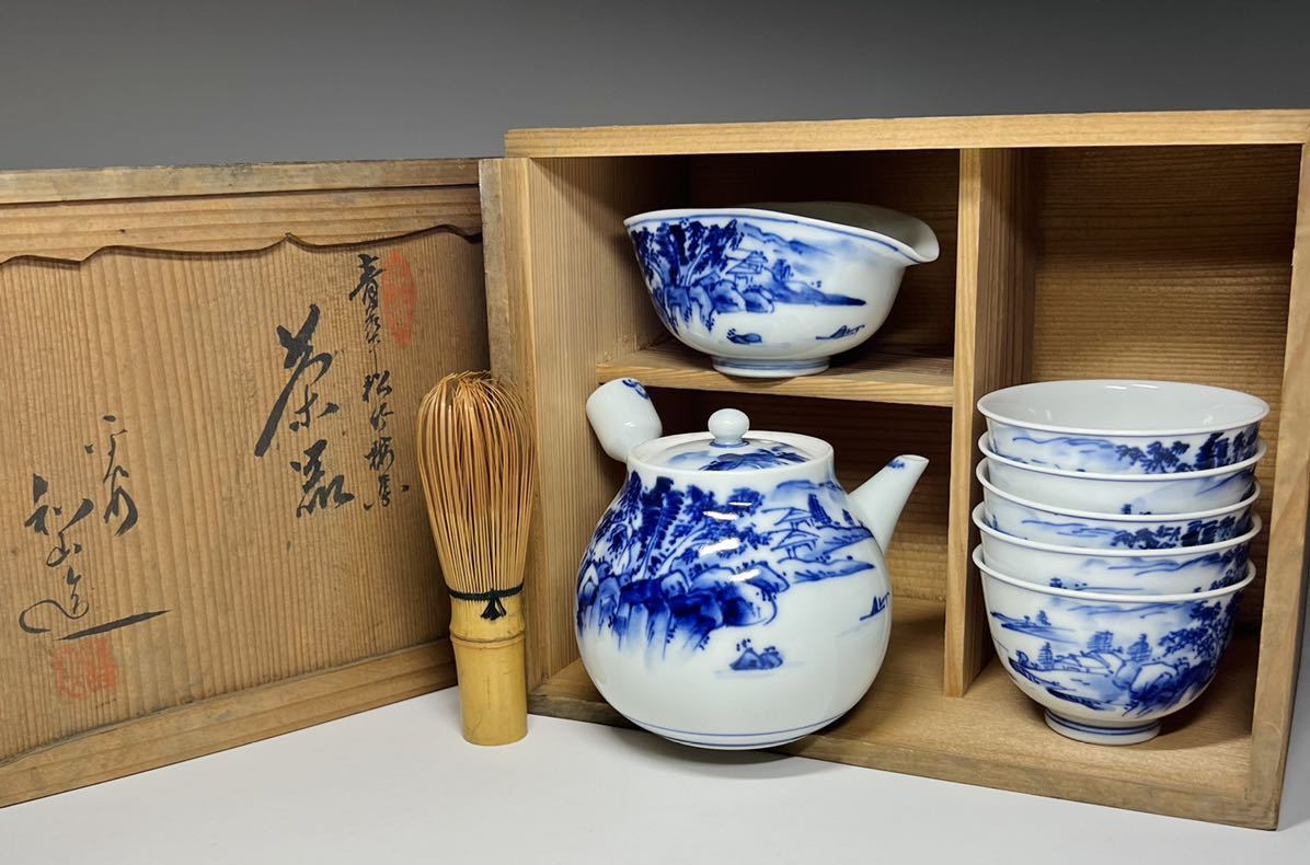 永】茶器 京焼 在銘 平安和山 染付山水景色図 古美術 時代物 煎茶道具