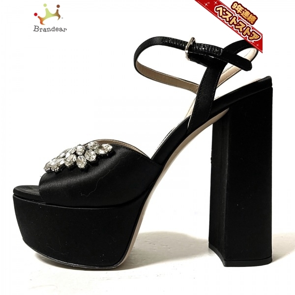 ミュウミュウ miumiu サンダル 35 1/2 - サテン 黒 レディース ビジュー 靴