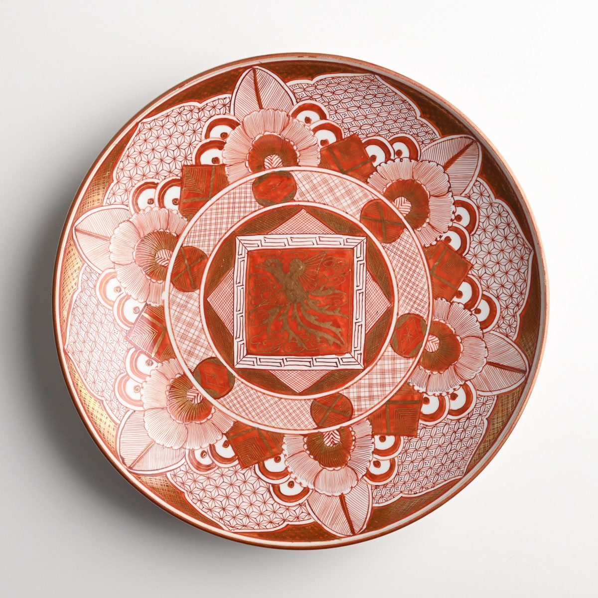 九谷焼 赤絵 金襴手 鳳凰文 大皿 直径約270mm 芭蕉 麻の葉文様