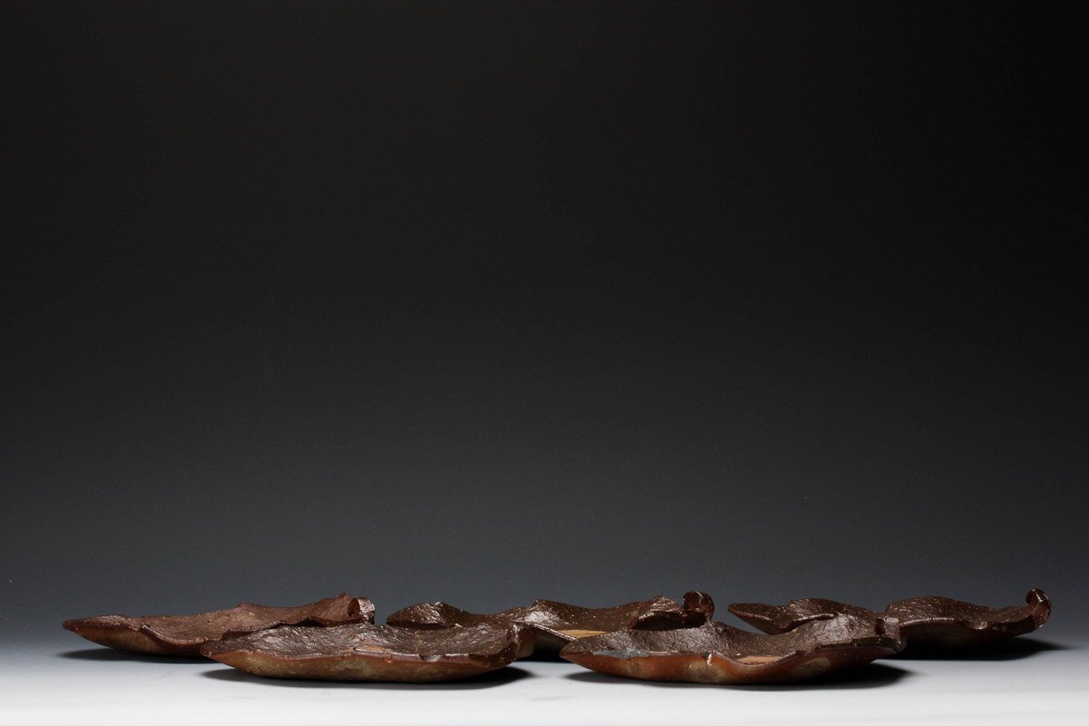佳香】人間国宝 伊勢崎淳 備前葉皿 五客 共箱 栞 本物保証 共箱 栞