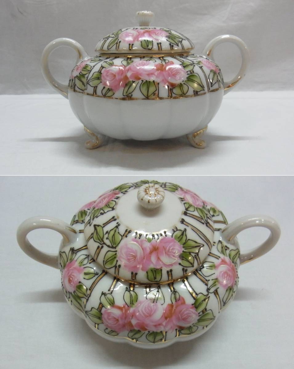 A オールドノリタケ ライジングサン 印 シュガーポット 金彩 バラ 陶器