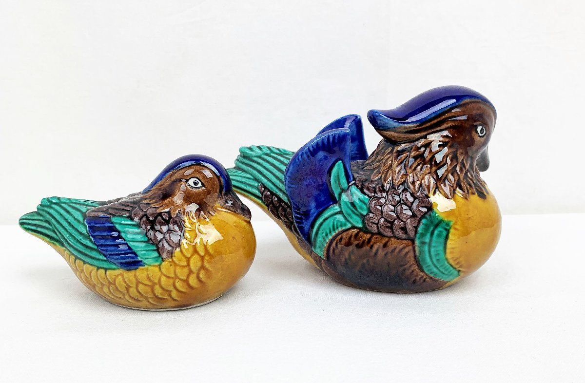 九谷焼 八幡窯 糠川清章作 おしどり 置物 鴛鴦 インテリア 色絵 鳥 酉 