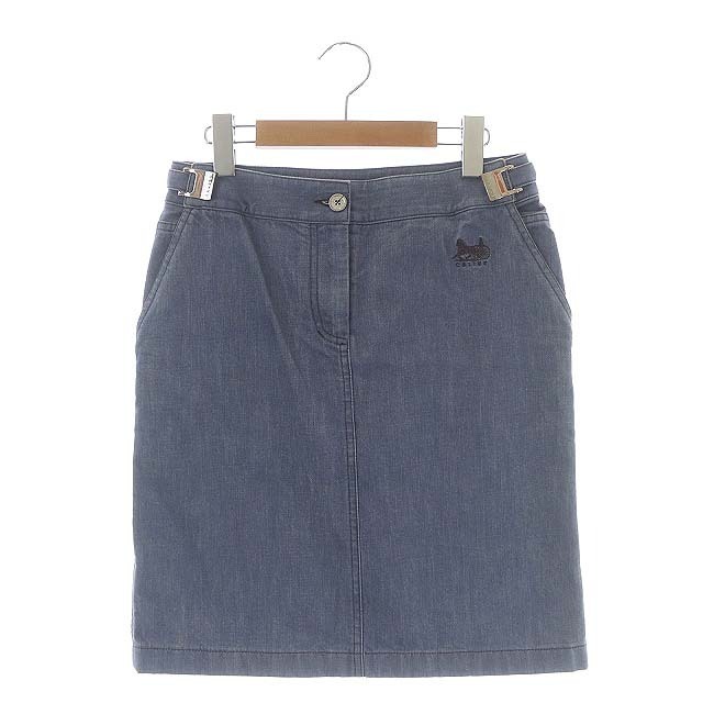 セリーヌ CELINE ヴィンテージ ロゴ刺繍 ベルトデザイン デニムスカート ミニ タイト 36 グレイッシュブルー 2 2A16/1688