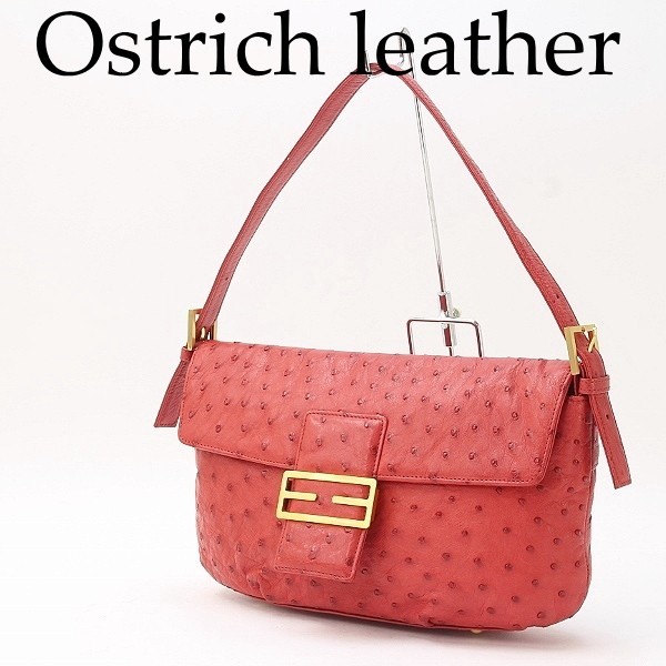 美品●JRA認定 オーストリッチ レザー ゴールド金具 ワン ショルダー バッグ 赤 レッド