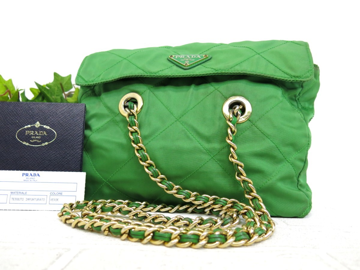 PRADA プラダ◇ナイロン◇ショルダー バッグ◇グリーン ゴールド金具