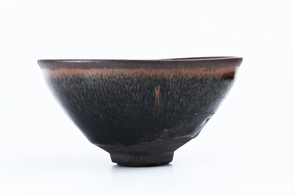 宋時代 七彩油滴釉 斗笠茶碗2客 建窯窯変 供御款 箱付 高さ5.5CM 横