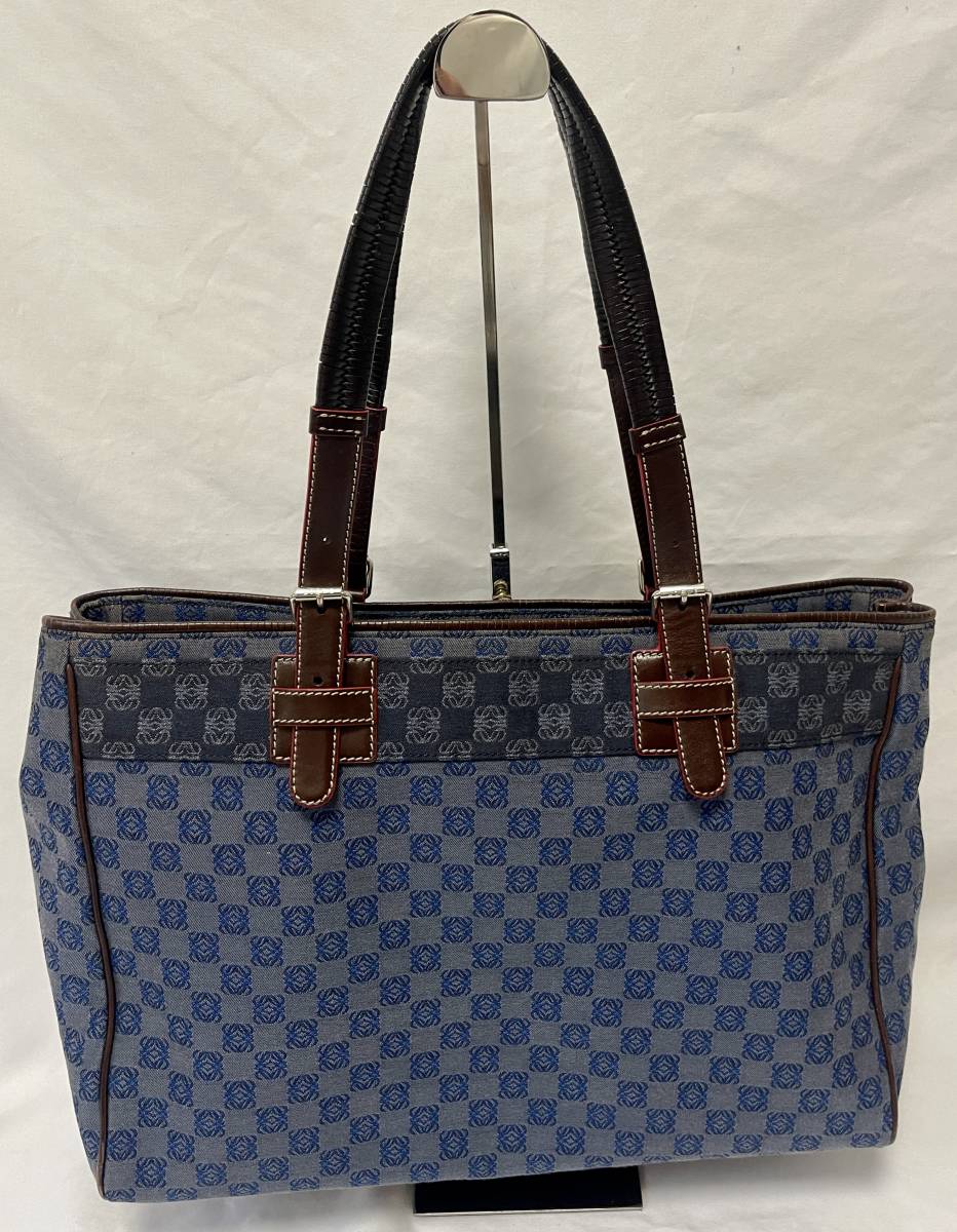 ロエベ LOEWE レザー アナグラム ハンドバッグ ブルー ナイロン 