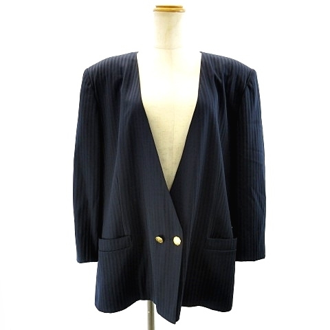 グッチ GUCCI ヴィンテージ ノーカラー ダブル ジャケット ブレザー 金ボタン インターロッキングG ストライプ ネイビー 紺 46 約XL 大きい