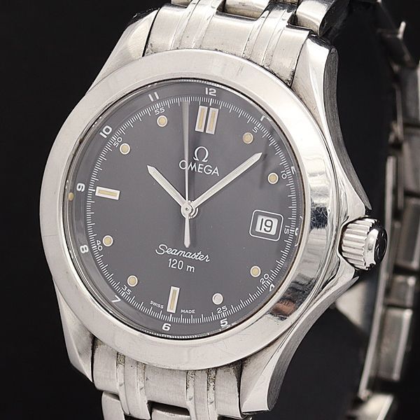 1円 良品 オメガ QZ 2511.50 シーマスター 120ｍ デイト ラウンド 黒文字盤 メンズ腕時計 2006400◇
