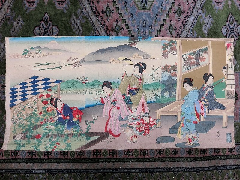 お値下げしました A2806 河鍋暁翠 五節句内菊月 3枚綴 明治期 木版画