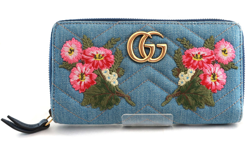 GUCCI グッチ GGマーモント 花柄 ジップアラウンド ウォレット デニム 