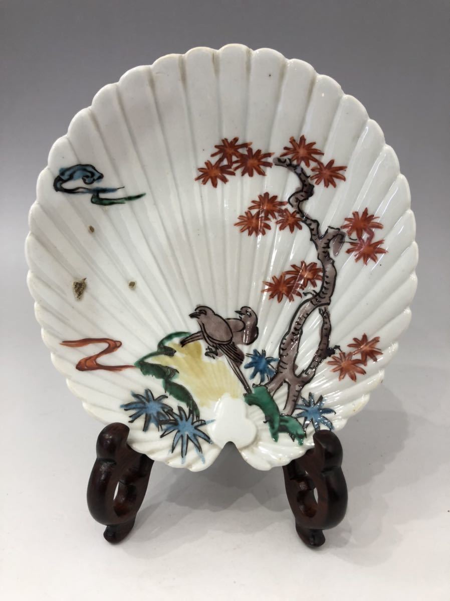 江戸中期 九谷五彩 古九谷色絵花鳥図扇皿(皿)｜売買された