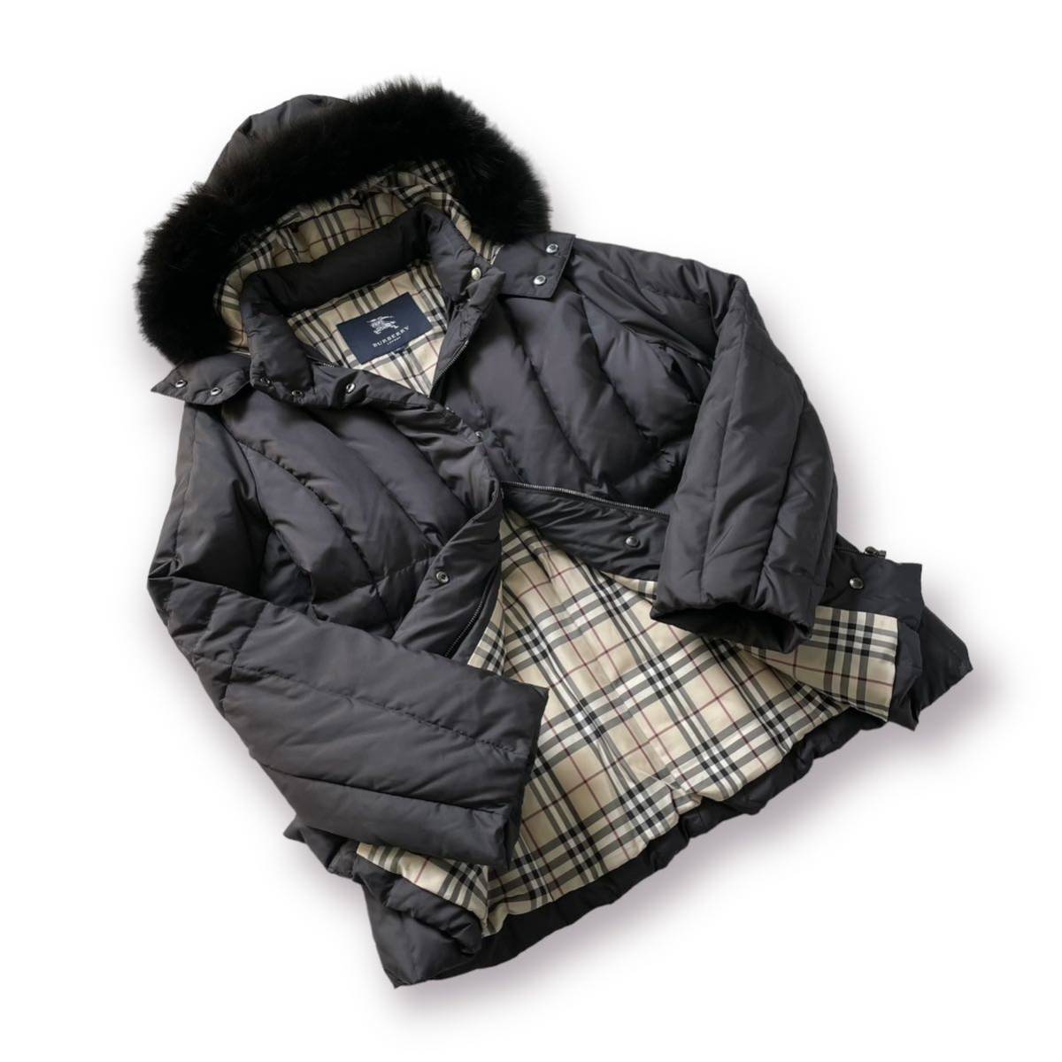 BURBERRY LONDON ダウンジャケット 40 ノバブルーフォックス Burberry London Blue Label Down Jacket Hood Nova Check Beige size