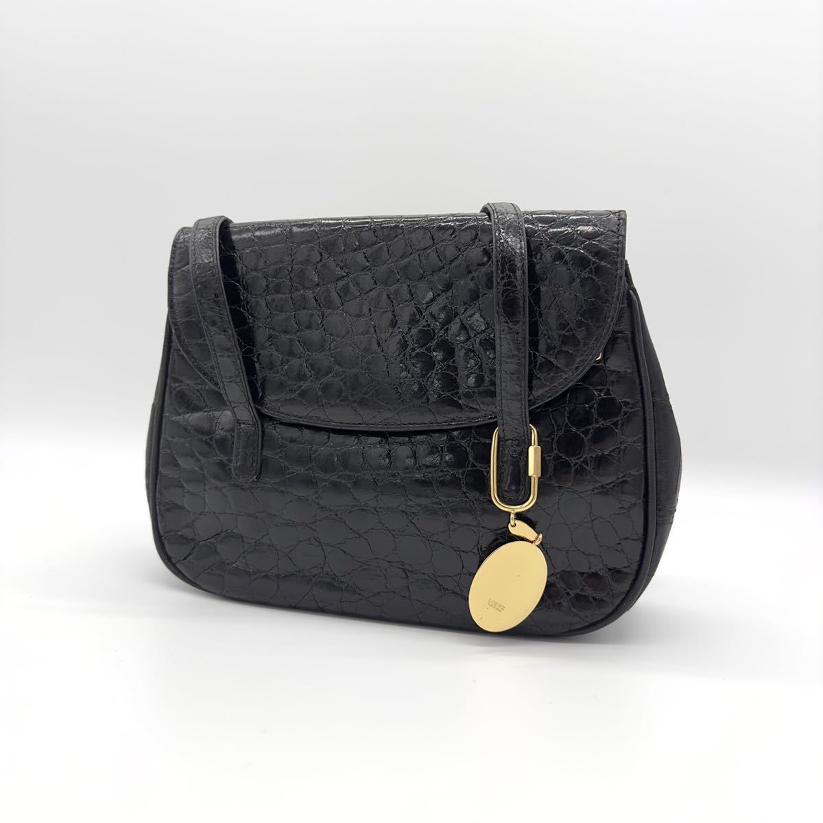 希少】LOEWE ロエベ ショルダーバッグ クロコ レバー ブラック レザー 