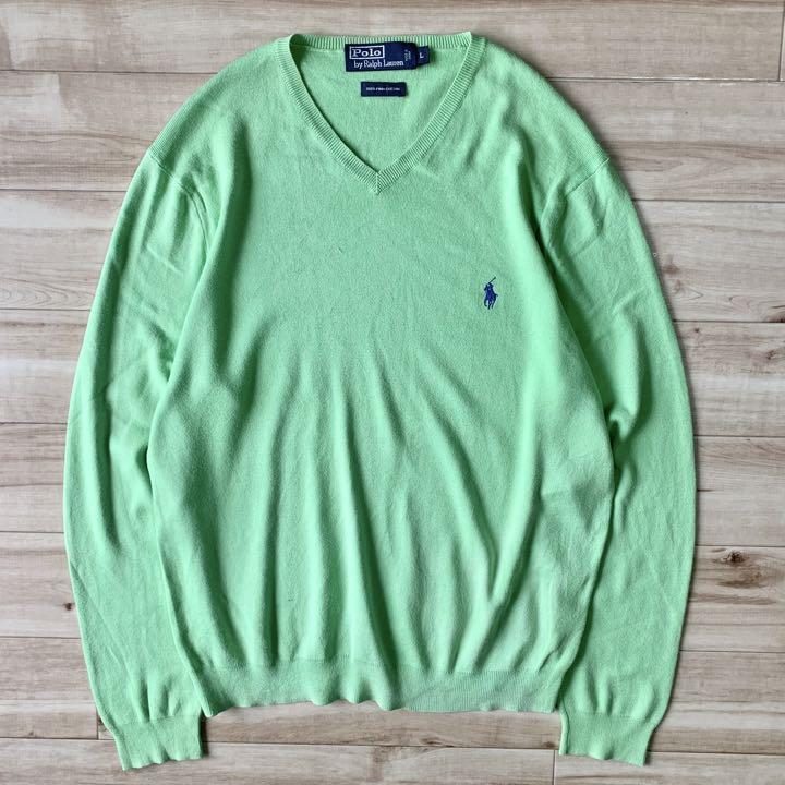 90s ポロバイラルフローレン Vネック 黄緑 グリーン ピマコットンニット