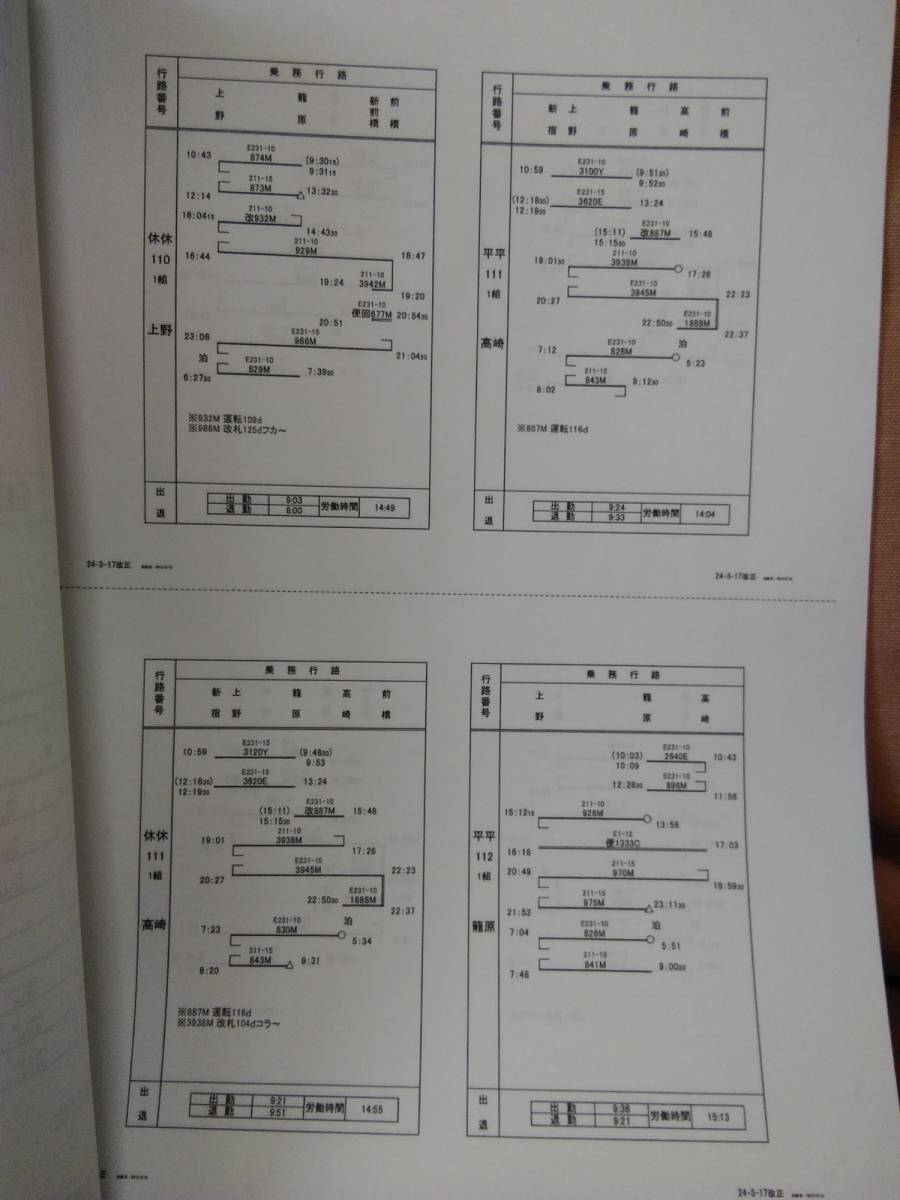 鉄道資料】 車掌行路表 平成24年3月17日改正 籠原運輸区 JR東日本