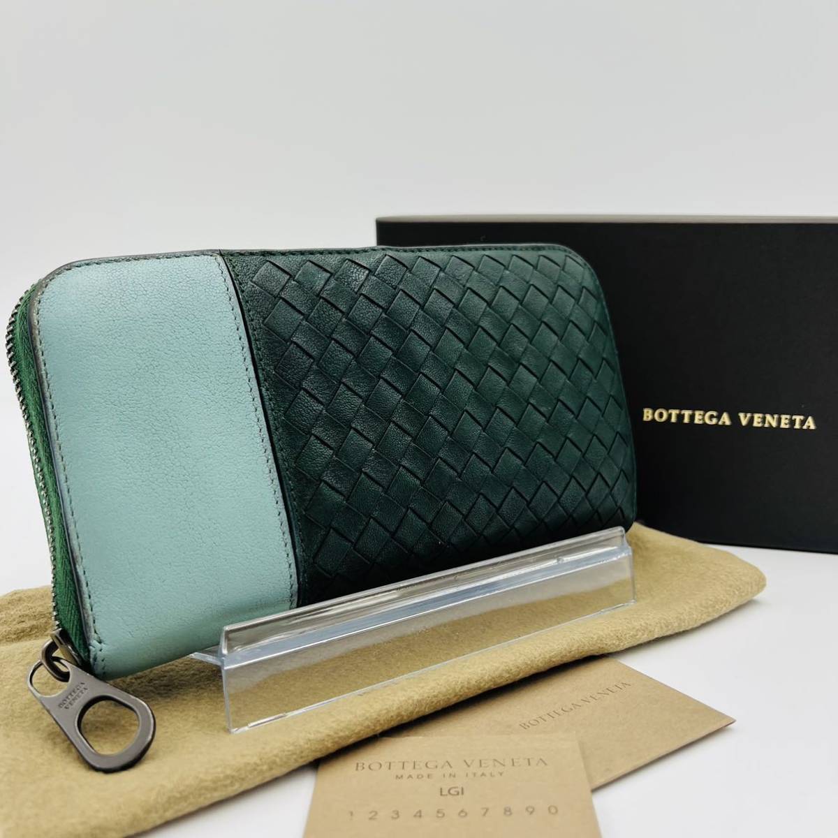 限定SALE，安い 1円 箱付き BOTTEGA VENETA ボッテガヴェネタ 長財布 イントレチャート ラウンドウォレット ジップ レザー バイカラー グリーン メンズ(財布)｜売買されたオークション情報、yahooの商品情報をア 男性用